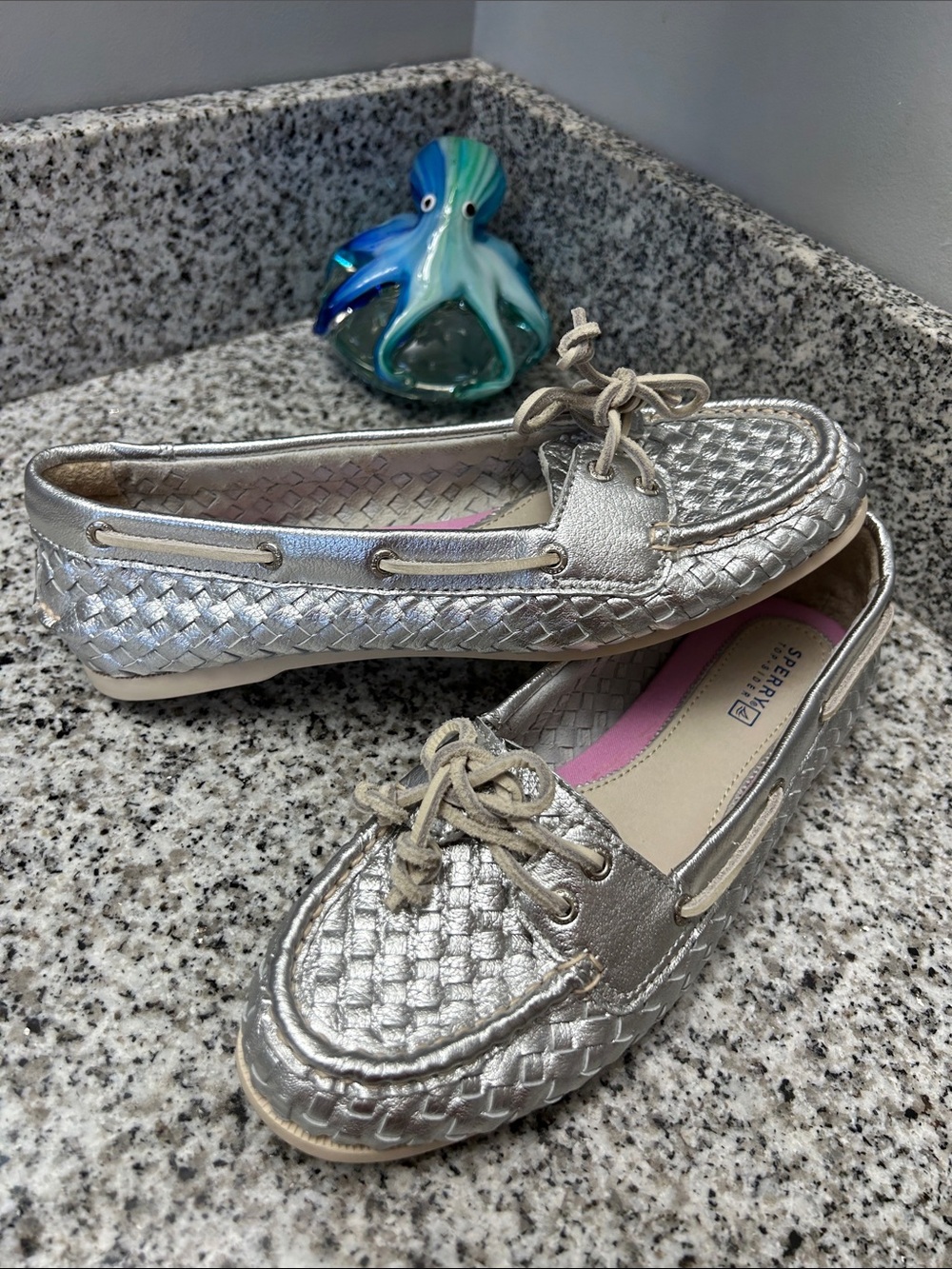 Sperry Top Sider Audrey Metallic Silver Woven Boat Shoes Loafers Leather